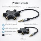 Mizi 5-Way 3.5mm Headphone Splitter - Stereo Audio Adapter with 1 Male to 5 Female Jacks, Gold-Plated Connectors, Compatible with iPhone, iPad, Smartphones, Tablets, MP3 Players - Black