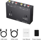 Azduou 2 AV to HDMI, 1080P/720P TV 2 Way RCA Composite CVBS AV Switch to HDMI Video Audio Converter Adapter Support 4:3/16:9 Switching, for Sega Xbox PS2 PS3 N64 NGC SNES WII VHS VCR Camera DVD