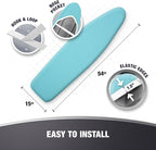COTTY HOME Extra Thick Ironing Board Covers with Pad Standard Size 15x54, Heat Reflective Full Scorch Resistant Padding, Snug Fit Non-Slip Nose Pocket Fastener Straps Elastic Edges, Turquoise
