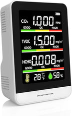 Air Quality Monitor Indoor,8-in-1 Smart Air Quality Tester with CO2, TVOC, HCHO, AQI, Temperature & Humidity, Real Time Display, Battery Powered, for Home & Office (White)