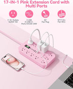 Pink Extension Cord with Multiple Outlets- 5 FT Kawaii Power Strip, Cute Extension Cord with 11 AC Outlet 6 USB (24W/4.8A), Charging Station for Cute Pink Kawaii Desk Home Room Decor Essentials Gifts