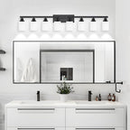 DIKAIDA 8-Light Bathroom Light Fixtures Over Mirror, 52inch Modern Matte Black Vanity Lights with White Frosted Glass Shade, Bathroom Wall Lamp Sconces for Mirror Bedroom, Living Room Hallway