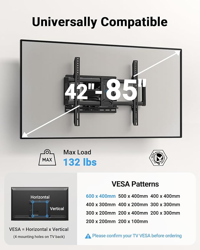 Pipishell Full Motion TV Wall Mount for 42-85 inch Flat Screen LED TV up to 132lbs Swivel Dual Articulating Arms Mount, Tool-Free Tilt Bracket Max VESA 600x400mm, Fits 8” 12” 16" Wood Studs