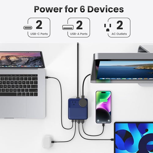 135W Charging Station USB C Power Strip,6-in-1 GaN USB C Charger Block with Plug &5ft Cord,2 AC,2 USB-A,2 USB-C,PD 65W Laptop Charger for MacBook,iPhone 16/15/14,Desktop Fast Charging for Home,Office