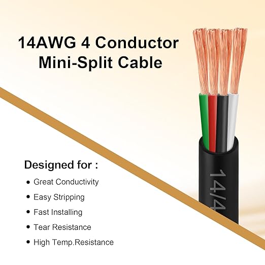 MOOKEERF 14/4 AWG Mini-Split Cable - 50FT 14 AWG 4 Conductor Control Cable 300V Stranded Oxygen-Free Pure Copper Wire for Mini Split Air Conditioner,Heat Pump,HVAC Systems and Speaker Systems
