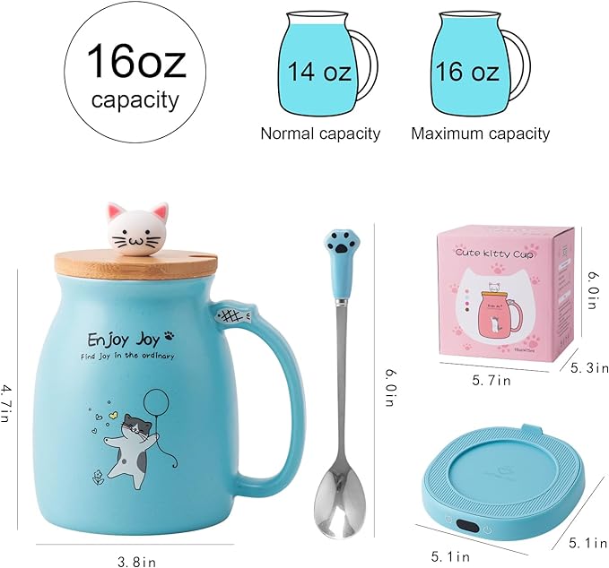 Bsigo Coffee Mug Warmer & Cute Cat Mug Set, Candle Mug Warmer for Home & Office, Electric Smart Coffee Warmer for Desk, Beverage Tea Coffee Cup Warmer with 3-Temp Settings, 8H Auto Shut Off, Blue