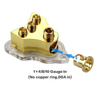 RKURCK 3 Way Copper Power Distribution Block, 0/2/4 AWG Gauge in, 4/8/10 Gauge Out, Car Audio Stereo Amp Distribution Connecting Block for Audio Splitter (1x0GA+3x4GA Copper)