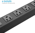 Metal Wall Mount Power Strip, Mountable Power Outlet with 6 AC Outlets, Aluminum Alloy Mount Power Socket with Switch, 3 FT SJT 3/C 14AWG Power Cord, 15A 125V 1875W (6AC) Black