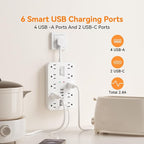 Short Extension Cord with USB and USBC Ports, Flat Outlet Extender with 10 AC Outlet 6 USB, 1 Switch & 2 LED Indicator, USB Wall Power Strip for Multiple Devices, for Home, Office, Dorm Essentials
