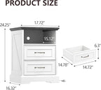 Nightstand with Charging Station Set of 2,18" Wide End Table with 2 Drawers & Metal Handles,Rustic Farmhouse Wood Small Dresser,Bedside Table,Modern Chest of Drawers for Bedroom,Living Room, Off White