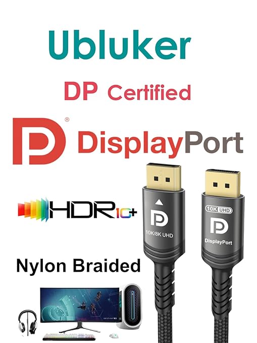 Ubluker 10K 8K DisplayPort 2.1 Cable 54Gbps 16.4 FT, Certified DP to DP Cord 4K 240Hz 165Hz 144Hz 120Hz 10K 8K 120Hz Nylon Braided UHBR HDCP2.3 FreeSync G-Sync RTX5090 Gaming Monitor PC Projector