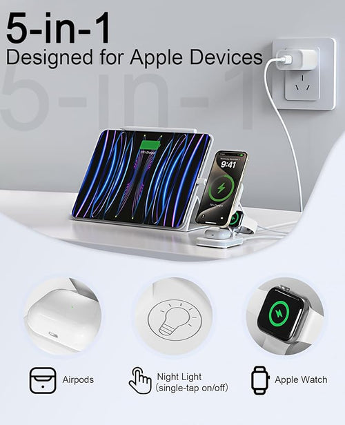 5-in-1 Magnetic Wireless Charging Stand for Apple MagSafe Charger with Night Light for iPhone 17/16/15/14/13/12, Watch, AirPods, Travel Magnetic Charger Nightstand Charging Station (Adapter Included)