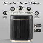 Bathroom Sensor Trash Can with Lid Automatic 2 Gallon Small Sensor Garbage Bin, 7.5 Liter Motion Sensor Smart Rubbish Bin Bathroom Decor, Slim Waterproof Plastic Garbage Can, Black Gold