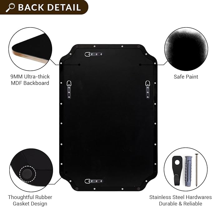 ANDY STAR Bathroom Vanity Mirror, 24x36 Inch Matte Black Mirror, Modern Rectangle Mirrors for Bathroom, Asymmetrical Wall Mirror with Scalloped Round Corner