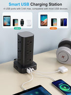 Power Strip Tower with Multiple Outlets, Flat Plug Surge Protector Tower Extension Cord with 12 AC Outlets 4 USB Ports (2 USB C), 10FT Cord Power Tower Surge Protector for Home Office Dorm Room, Black