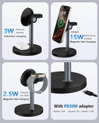 3 in 1 Wireless Charging Station for Apple Magsafe Charger Stand,15W Fast Magnetic Charging Station for iPhone 17 Air 16 15 14 13 12 11 Series, Watch Ultra & AirPods Apple Devices, Cell Phone Dock