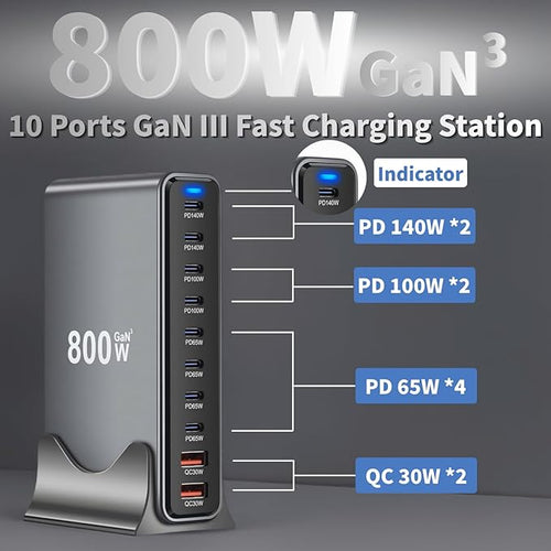 800W USB C Fast Charger Block, 10 Ports GaN III USB Chagring Station, Dual 140W PD PPS HUB for Multiple Devices, Laptop Adapter Compatible with MacBook Pro/Air iPad iPhone Pro Max, Galaxy, Dell, HP