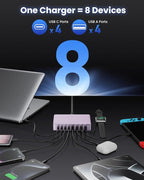200W USB C Charger Block,8-Ports GaN III Fast Charging Station Hub,PD 65W Laptop Chargers Wall Charger Power Adapter for MacBook Pro/Air,DELL,Steam Desk,iPhone 17/16/15,iPad,Galaxy S25,Pixel-Purple