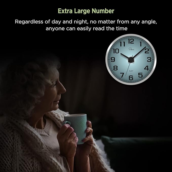 WallarGe Night Light Wall Clock for Bedroom - Silent Lighted up Wall Clock Glow in The Dark, Battery Operated Wall Clocks for Living Room/Kitchen, Easy to Read Large Digital Display, 12 Inch