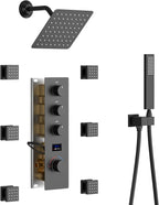 KATAIS Matte Black Tempreature Display Shower System with 6 PCS Body Jet, 8 inch Wall Mount Shower Head and Handheld Spray