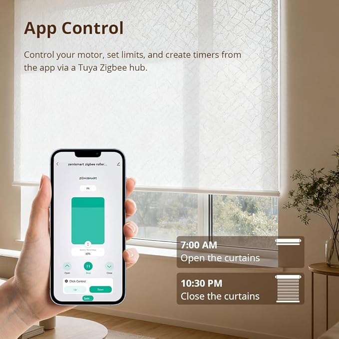 Blindsmart Rechargeable Tuya Zigbee Roller Blinds Motor for 38mm Tube, Motorized Window Shades Automatic Blinds Curtain Opener APP Control, Zigbee Hub Required (with 1-Channel Remote)