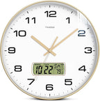 TIMESS Wall Clock, 12" Dial Non-Ticking Silent Battery Operated Analog with LCD Display for Perpetual Calendar and F° Temperature, Ideal Modern Home, Bedroom, Kitchen, Office Decor (Gold)