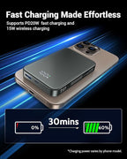 POAQCIF for Magsafe Portable Charger, Aluminum Alloy Small 10000mAh 20W PD Magnetic Power Bank, USB-C in&Out Wireless Battery Pack Phone Charger for iPhone 16/15/14/13/12 Plus Pro Max Series -Gray