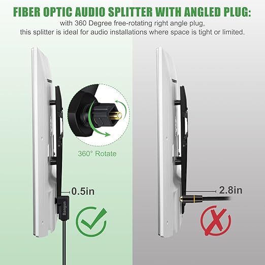 Bangun 90 Degree Optical Audio Splitter 1 in 2 Out, Digital Toslink Fiber Optical Splitter Audio Adapter (1 Male Input 2 Female Output) for TV, Soundbar