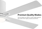 WINGBO 48" DC Flush Mount Ceiling Fan with Lights, 6-Speed Reversible DC Motor, 3CCT, Low Profile Hugger Ceiling Fan for Living Room Bedroom Kitchen, White Finish and White/Oak Blades