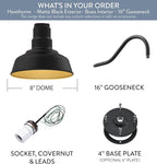 Steel Lighting Co. Hawthorne Barn Light | Outdoor Wall Mounted | 8 inch Dome | 16 inch Gooseneck| Small Farmhouse Light Made in America | Matte Black Exterior/Brass Interior