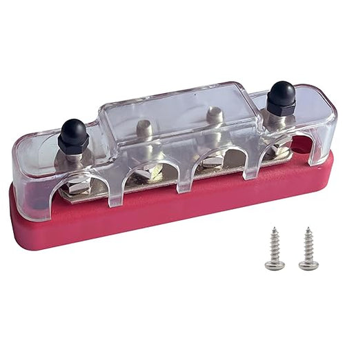 4 x #10 (M5) Studs Bus Bar, Ampper 4.2" Power Distribution Block Brass Battery BusBar Junction with Cover for Auto Boat Amplifier and More (Red)