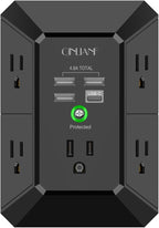 USB Wall Charger, Surge Protector, QINLIANF 5 Outlet Extender with 4 USB Charging Ports (4.8A Total) 3-Sided 1680J Power Strip Multi Plug Outlets Wall Adapter Spaced for Home Travel Office, Black