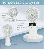 AMPMG LED Digital Display Rechargeable Fan – Portable Handheld & Desk Fan with Adjustable Speeds, USB Charging, Quiet Operation, and Base Stand for Home, Office, Travel and Outdoor Use (White)
