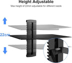 suptek Glass Floating Shelf, 1 Tier Media Shelf for TV Accessories, Flat Black Wall Mount Bracket, 17.6lbs Weight Capacity, Quick Installation, Cable Management, Custom Style, Backless