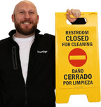 SmartSign 25 x 12 inch “Restroom Closed for Cleaning" Bilingual Two-Sided Folding Floor Sign, Plastic, Red, Black and Yellow