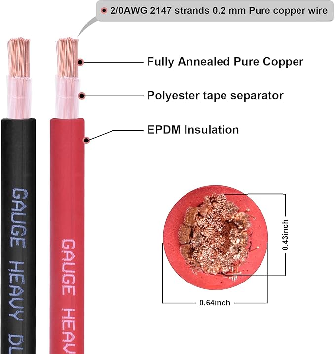 Shirbly 2/0 Gauge Battery Cable, 10FT Red + 10FT Black 2/0 AWG Pure Copper Wire Welding Cable, for Automotive, Battery, Solar and Generator, Standard USA OFC Wire