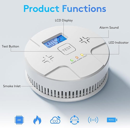 6 Packs,2 in 1 Technology, Smoke,Carbon Monoxide Detector, Co Alarm,85db Alert,LCD Readout,3 Color LED Indication,(Green Light Blinking at Work), with 3 AA Batteries,Easy Install,for Home and Kitchen