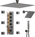 KATAIS Temperature Display Oil Rubbed Bronze Shower System, Push Button Shower Faucet with Handheld Spray, Ceiling Mount 12 Inch and 8 Inch Wall Mount Shower Head, 6 PCS Body Jet