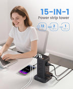 Tagzilo 15-in-1 Power Strip Tower with Surge Protector 1800J, Fast Charging Tower PD20W USB-C Ports with 12 AC Outlets, 15ft Extension Cord for Home Office Dorm Room, Black