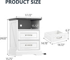 Nightstand with Charging Station,18" Wide End Table with 2 Large Drawers & Metal Handles,Rustic Farmhouse Wood Small Dresser,Bedside Table,Modern Chest of Drawers for Bedroom,Living Room,Off White