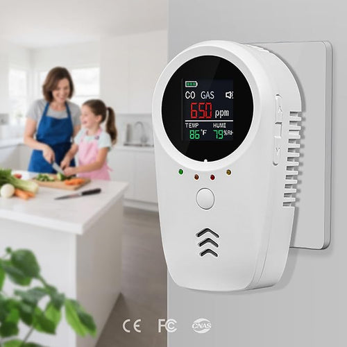 4PCS 5-in-1 Rechargeable Carbon Monoxide & Natural Gas Detectors with Temperature/Humidity LCD Display & 2000mAh Lithium-ion Battery, Portable Plug in Co Detector for Home Travel RV Essentials