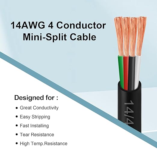 MOOKEERF 14/4 AWG Mini-Split Cable - 250FT 14 AWG 4 Conductor Control Cable 300V Stranded Oxygen-Free Pure Copper Wire for Mini Split Air Conditioner,Heat Pump,HVAC Systems and Speaker Systems