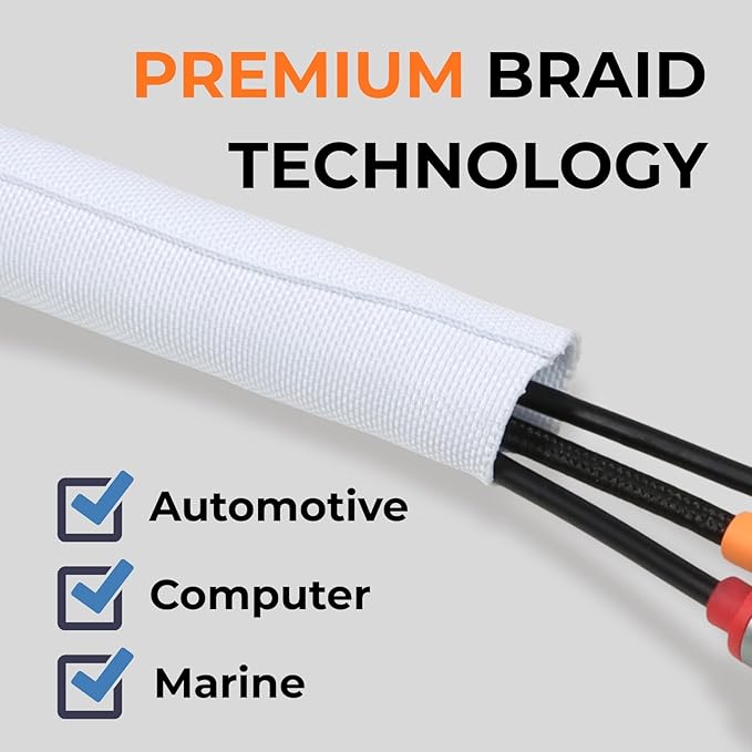 HOLED 1-3/16 inch Split Braided Cable Management Sleeve for USB Cable Power Cord Audio Video Cable, Wire Loom Cord Protector from Cat Dog Chewing (White, 10FT)