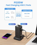 Tagzilo 15-in-1 Power Strip Tower with Surge Protector 1800J, Fast Charging Tower PD20W USB-C Ports with 12 AC Outlets, 9.8ft Extension Cord for Home Office Dorm Room, Black