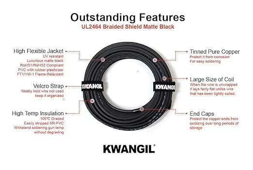 KWANGIL 4C 20AWG AMSB Shielded Cable Wire (UL2464) - Highly Flexible Str TC, PVC Ins, OS+TC BRD, PVC JKT for CNC Machine, Stepper Motor, VFD Spindle (Matte Black 25FT)