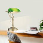 Newrays Green Glass Bankers Desk Lamp with Pull Chain Switch Plug in Fixture,USB Fast Charging Port