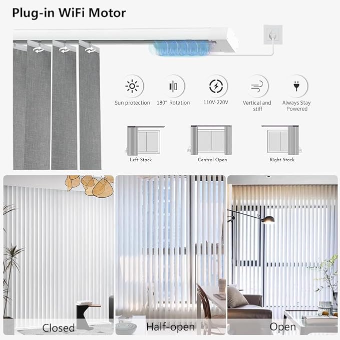 Blindify Motorized Vertical Blinds Compatible with Alexa Google Home, Blackout Sliding Door Shades Smart Vertical Blinds Remote Control Customize, Off-White