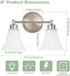 LOUSACE 2 Light Bathroom Vanity Light Brushed Nickel Bathroom Lighting Fixtures Over Mirror with Opal White Frosted Glass, Vintage Traditional Wall Lighting Fixture Satin Nickel Vanity Lights