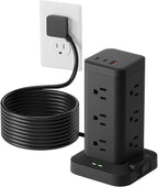 Tagzilo 15-in-1 Power Strip Tower with Surge Protector 1800J, Fast Charging Tower PD20W USB-C Ports with 12 AC Outlets, 9.8ft Extension Cord for Home Office Dorm Room, Black