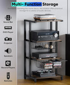 Ardier Media Stand with Two Detachable Baskets, 4-Tier AV Media Stand Corner Shelf for DVD Players/Cable Boxes/Games Consoles, Audio Storage Rack for Living Room, Gaming Room, Music Studio, Black